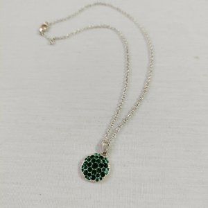 4/$20 Avon NRT Green Rhinestone Round Pendant Necklace Silver Tone